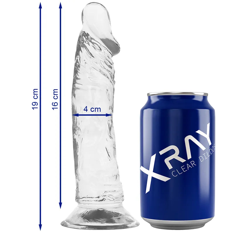 Gode réaliste transparent hypoallergénique 19 cm, base ventouse, flexible, doux, sans phtalates, à côté d'une canette.