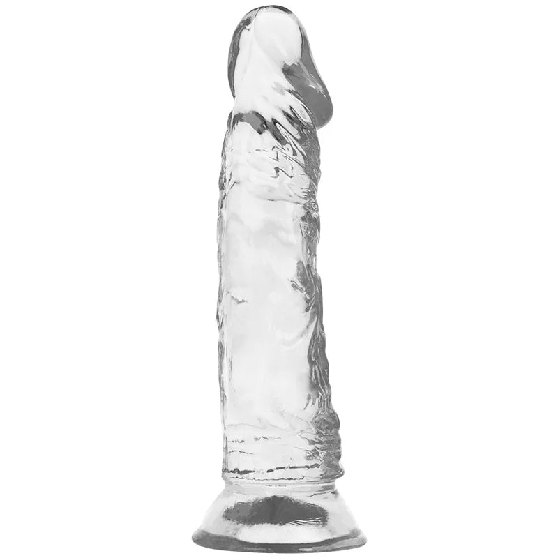 Gode réaliste transparent hypoallergénique 19 cm, ventouse puissante, flexible, sans phtalates, compatible harnais.