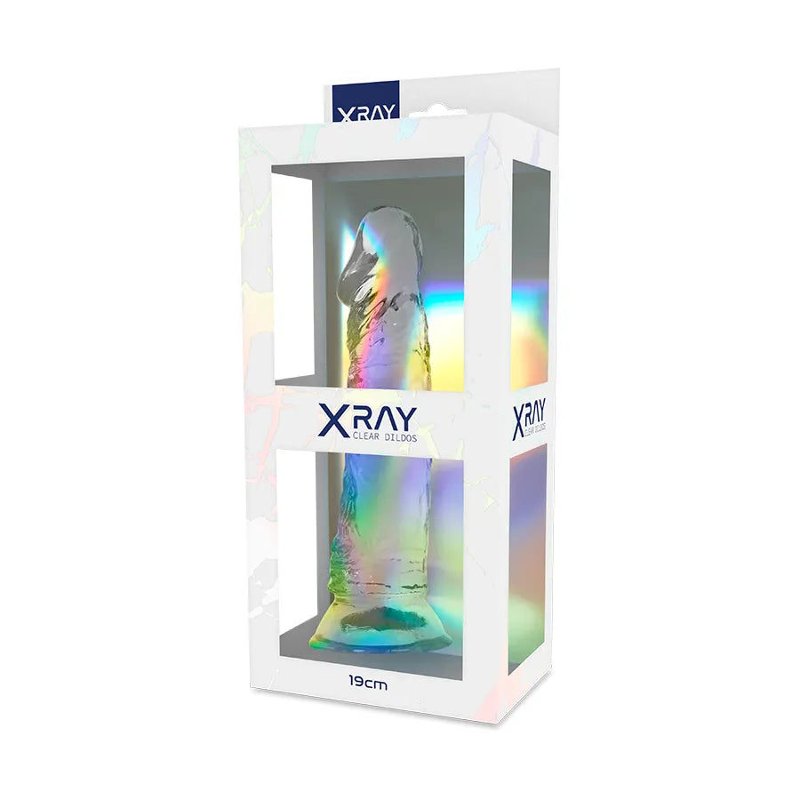 Gode réaliste transparent texturé avec ventouse, tête sculptée, en gel hypoallergénique, dans une boîte XRAY.