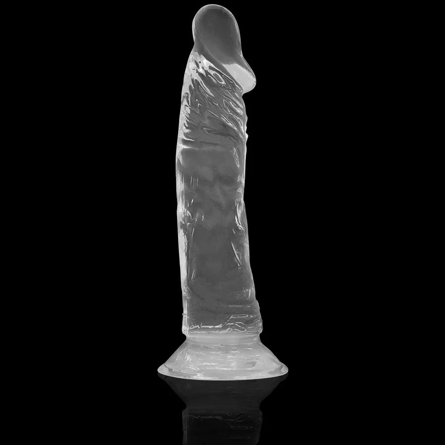 Gode transparent réaliste hypoallergénique avec ventouse, texture veiné, tête sculptée, flexible et lavable.