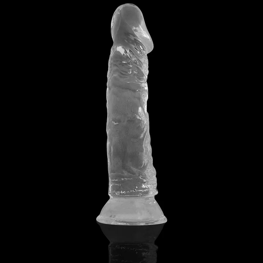 Gode transparent réaliste hypoallergénique, texturé et veiné, avec ventouse, flexible et compatible harnais.