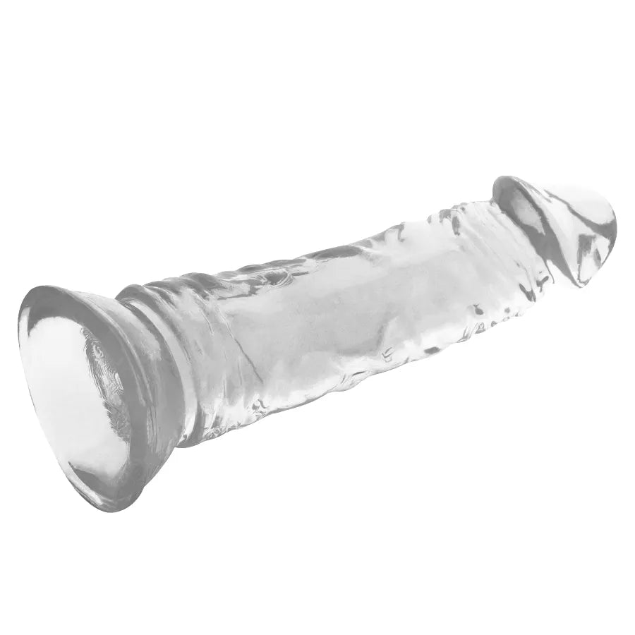 Gode réaliste transparent veiné avec ventouse, texture gel, tête sculptée, hypoallergénique, compatible harnais.