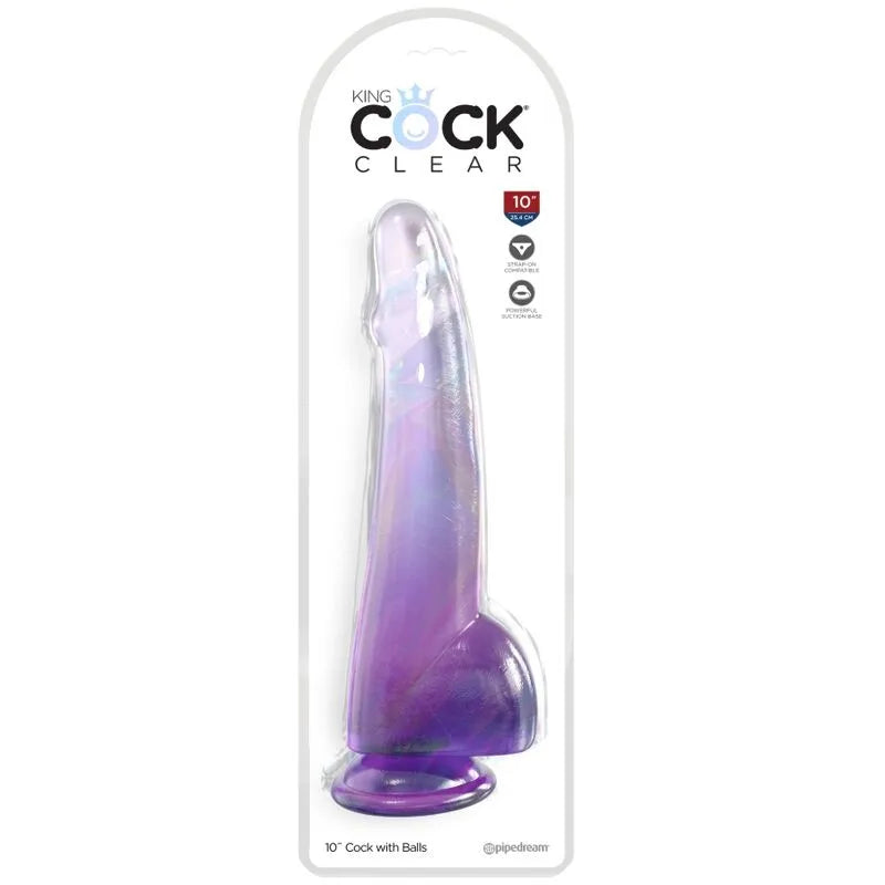 Gode réaliste translucide violet avec ventouse, texture veiné, TPE flexible, 190mm longueur, 57mm diamètre, emballage.