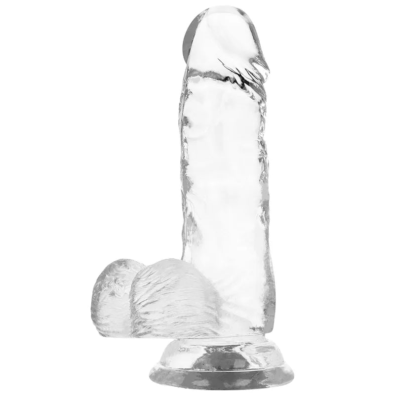Gode réaliste transparent veineux en gel souple avec ventouse, texture cristalline, flexible et hypoallergénique.
