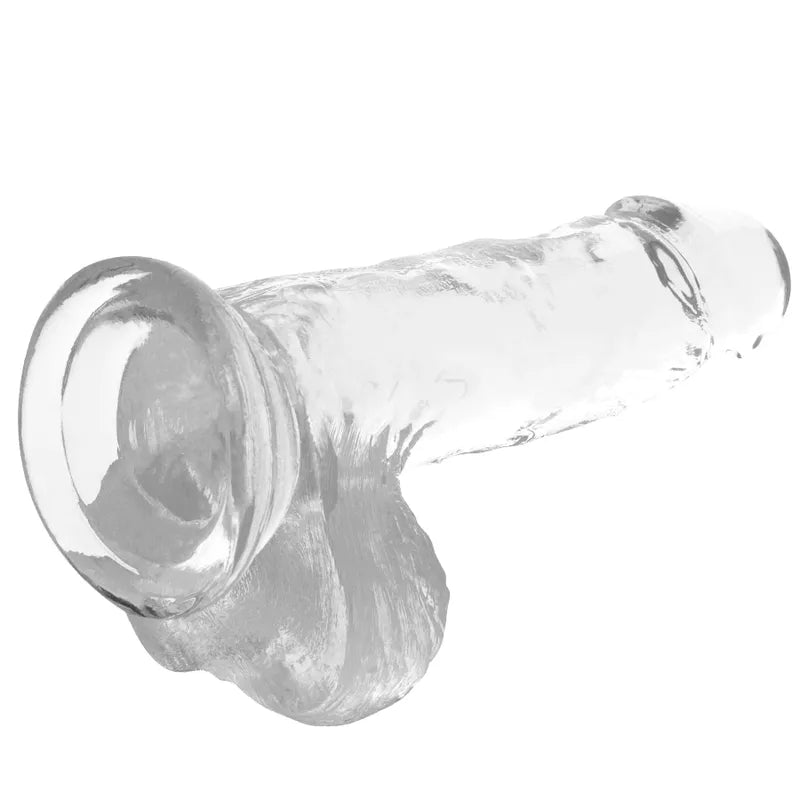 Gode réaliste transparent veineux souple avec ventouse, texture cristalline, flexible, hypoallergénique, compatible harnais.