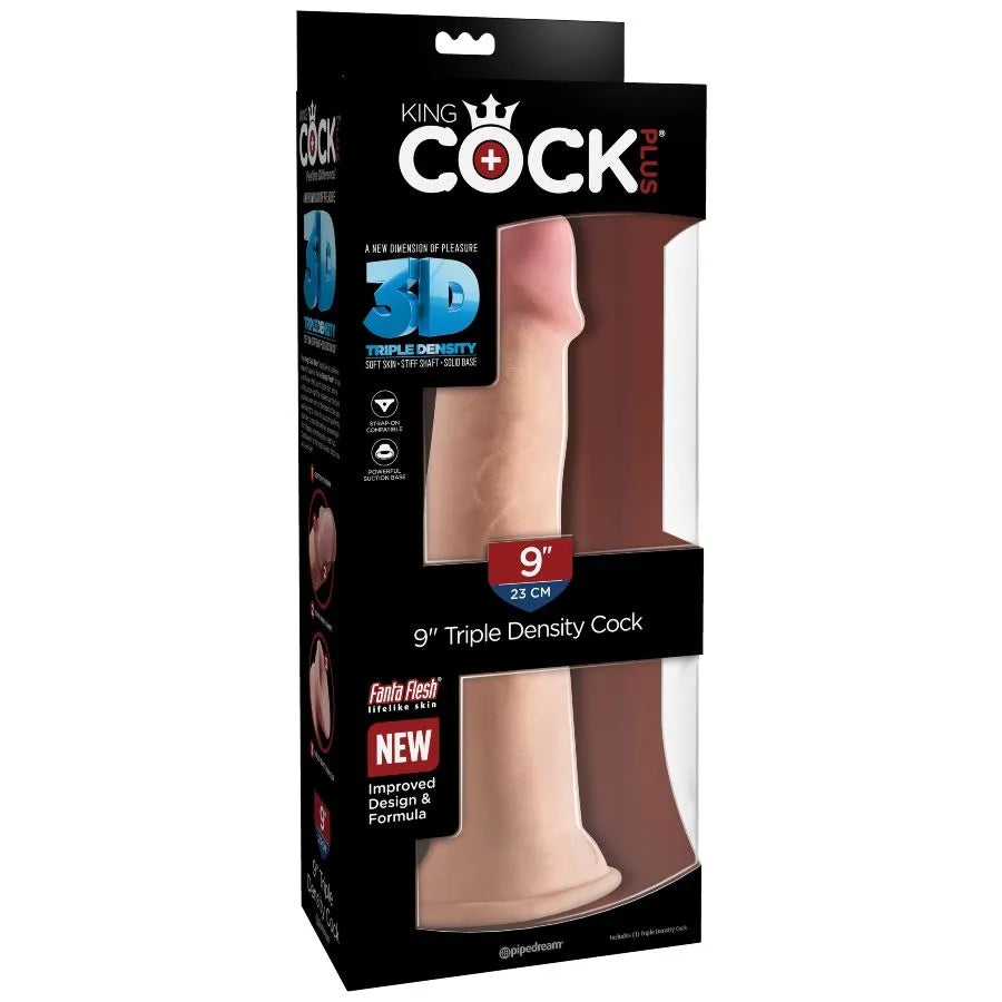 Gode réaliste triple densité beige avec ventouse, texture soyeuse, 26cm, dans emballage noir et transparent.