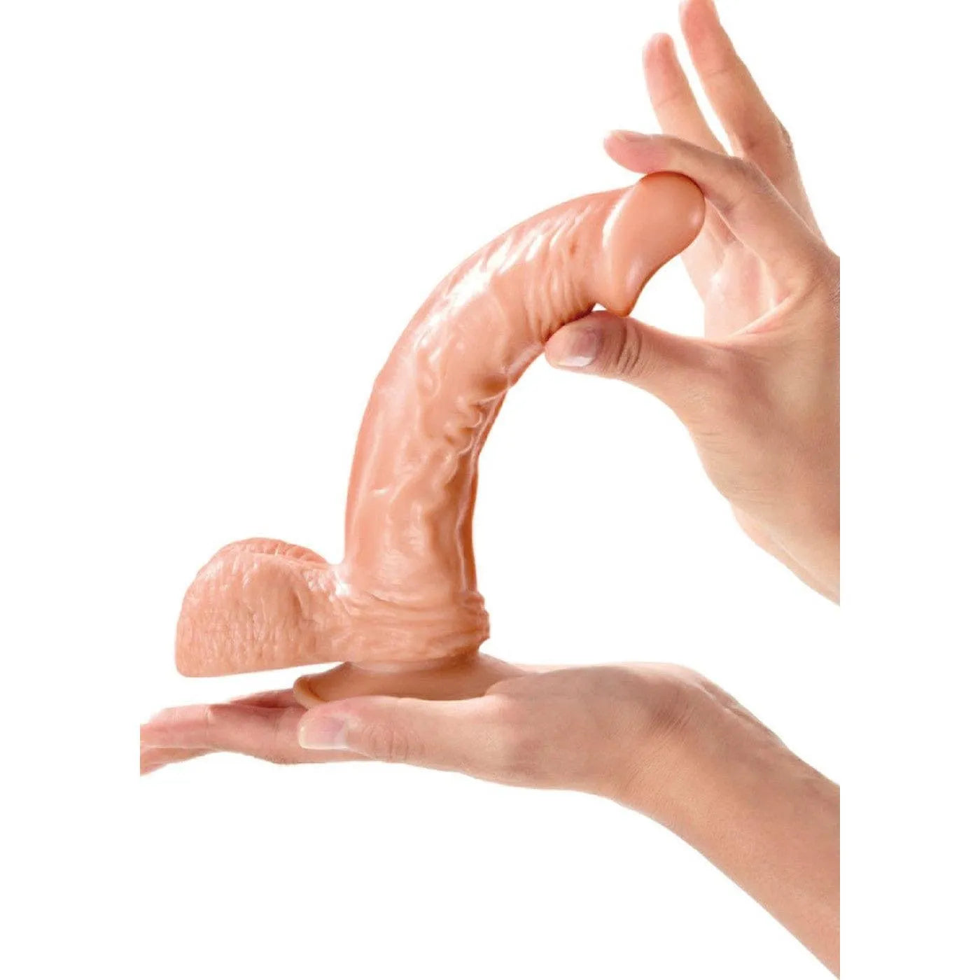 Gode réaliste veiné couleur chair avec ventouse, texture anatomique, testicules, longueur 23cm, diamètre 42mm.