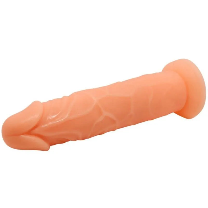 Gode réaliste 19,8 cm veiné, couleur chair, ventouse puissante, TPR souple, compatible harnais, fixation surface plane.