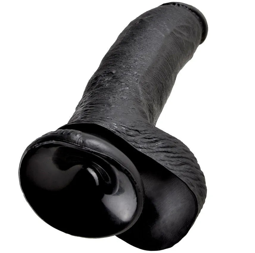 Gode réaliste noir avec ventouse, détails sculptés, hypoallergénique, fabriqué aux USA, sans phtalates ni latex.