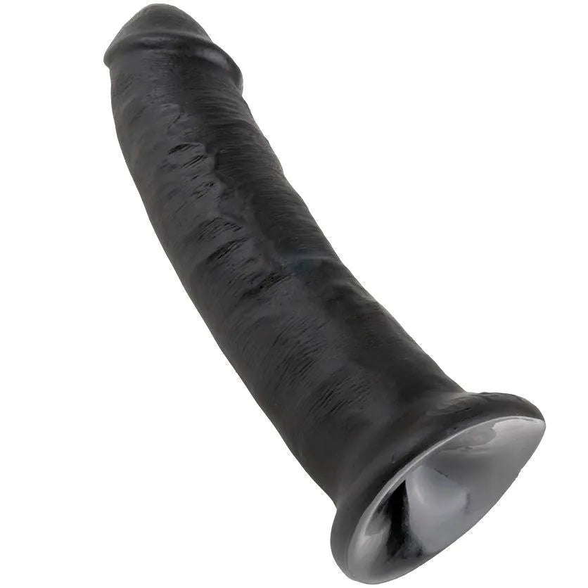 Gode réaliste noir avec ventouse, texture veines détaillée, hypoallergénique, sans latex ni phtalates, fixation mains libres.