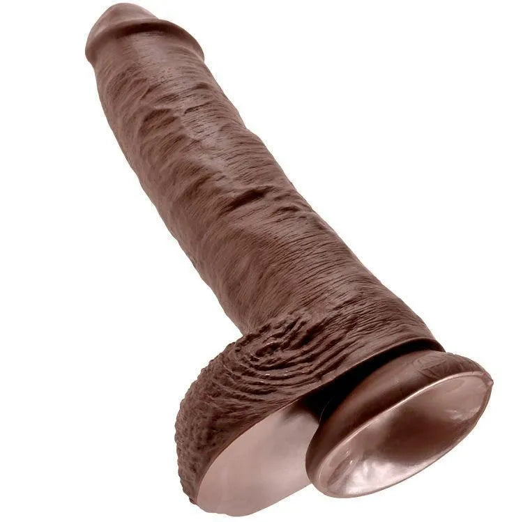Gode réaliste marron avec détails sculptés, ventouse puissante, hypoallergénique, compatible harnais, fabriqué aux USA.