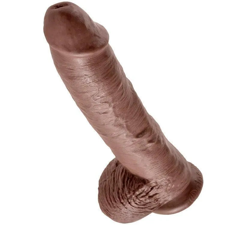 Gode réaliste marron avec détails sculptés, ventouse puissante, compatible harnais, hypoallergénique, fabriqué aux USA.