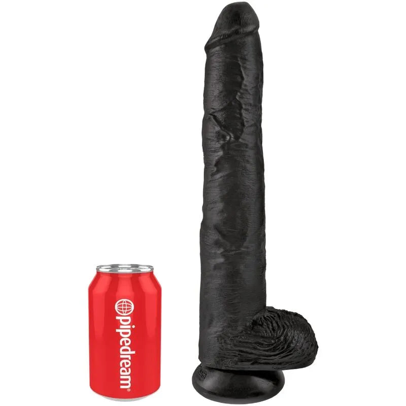 Gode réaliste noir en PVC avec ventouse, texture veinée, 36cm, à côté d'une canette pour comparaison de taille.