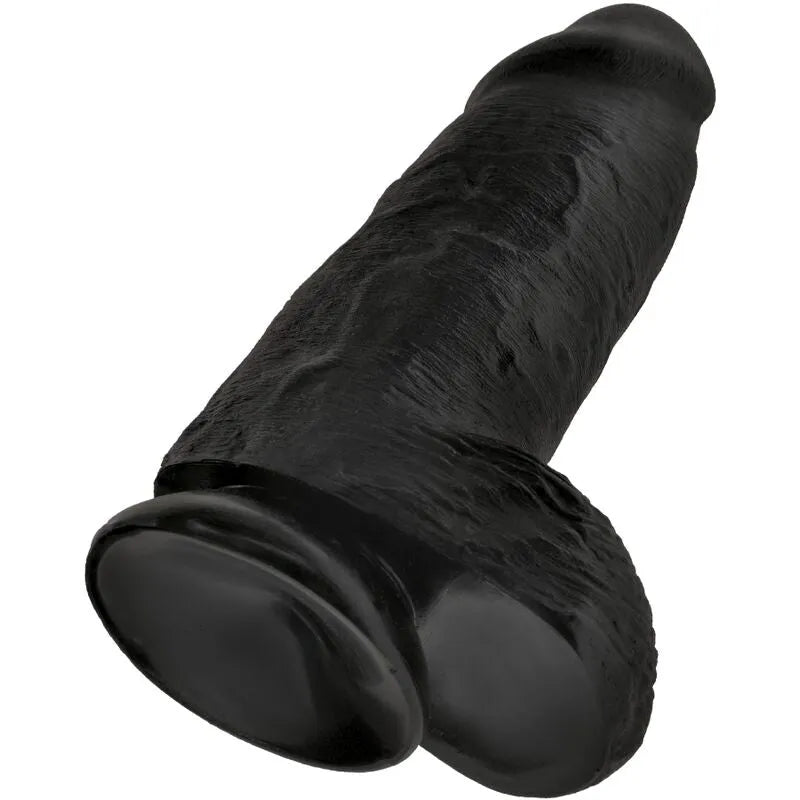 Gode réaliste noir texturé avec ventouse, veines sculptées, tête détaillée, compatible harnais et lubrifiants, PVC durable.