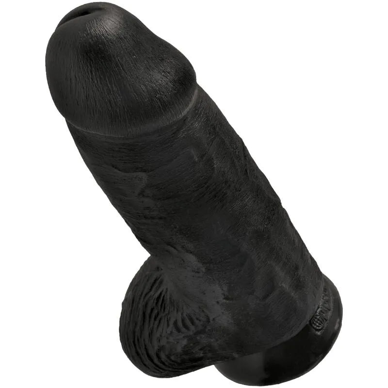 Gode réaliste noir veiné en PVC avec ventouse, tête sculptée, compatible harnais, surface texturée.
