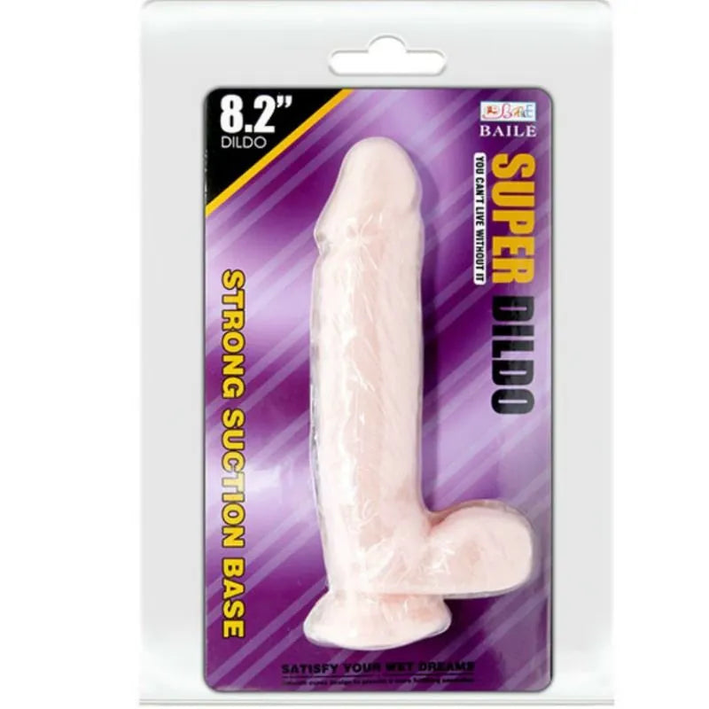 Gode réaliste beige avec ventouse, texture veineuse et testicules, en TPR souple, emballage transparent, 8,2 pouces.
