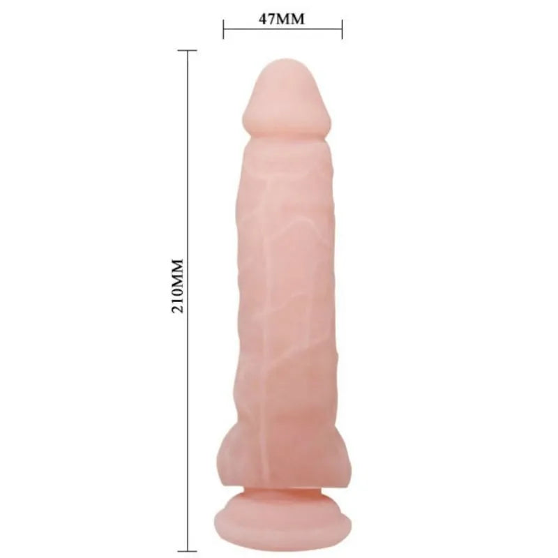 Gode réaliste rose avec ventouse, texture veineuse, testicules flexibles, longueur 210mm, diamètre 47mm, TPR souple.