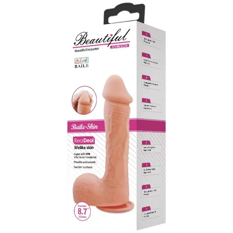 Gode réaliste TPR beige texturé avec veines, tête généreuse, ventouse puissante, finition artisanale, 220mm x 47mm.
