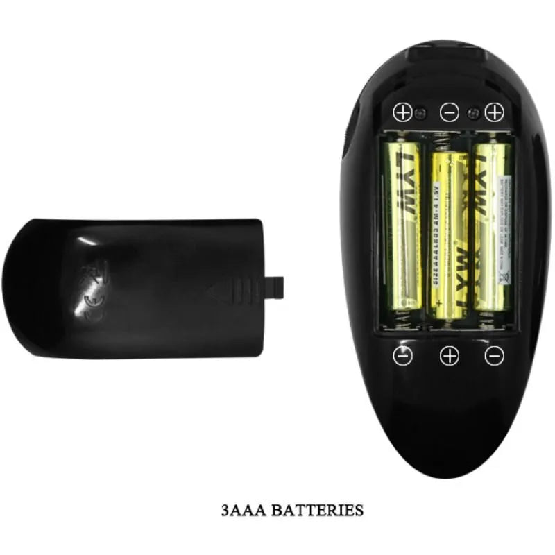Télécommande noire avec compartiment à piles ouvert, 3 piles AAA visibles, pour gode vibrant réaliste ventouse.