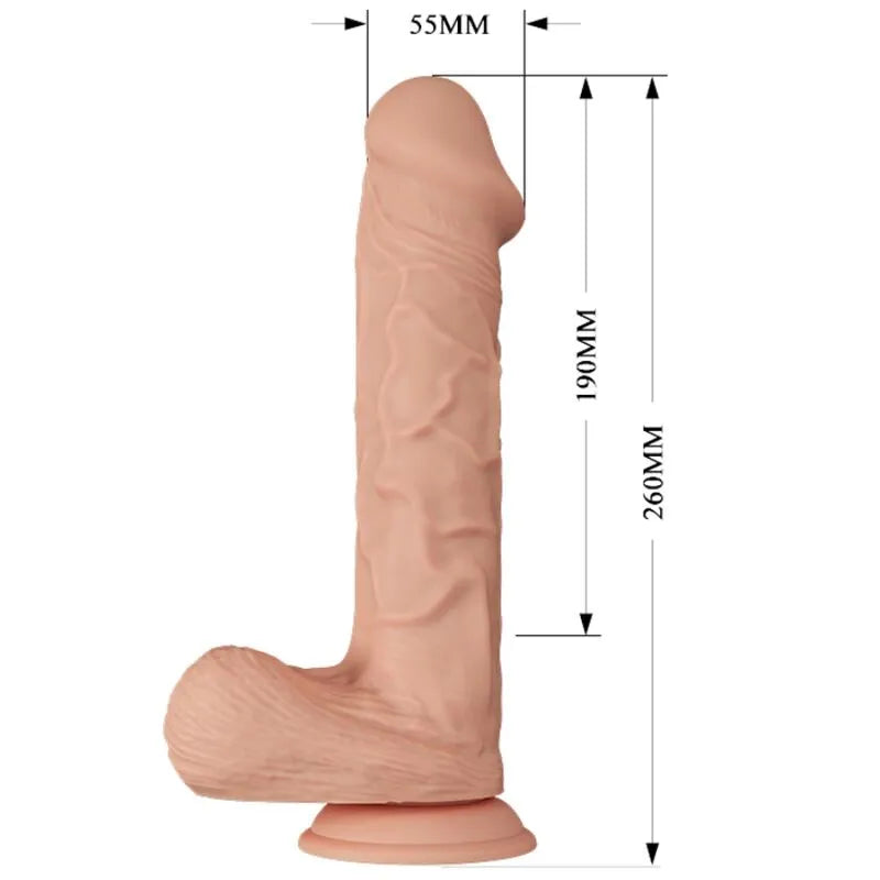 Gode réaliste vibrant TPR beige, ventouse, 26cm, diamètre 55mm, texture peau, vibrations réglables, fixation surfaces lisses.