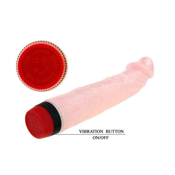 Gode réaliste vibrant veineux rose en TPR, texture sculptée, détails veineux, bouton de vibration rouge visible.