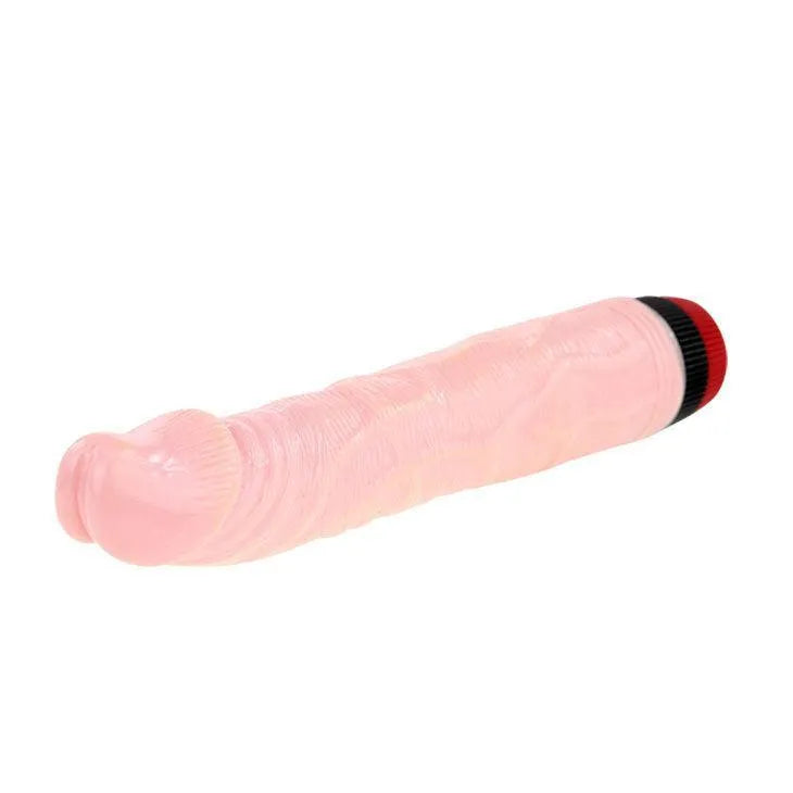 Gode réaliste vibrant rose, veineux, en TPR, texturé, étanche, avec base noire pour réglage des vibrations.