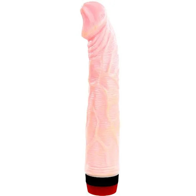 Gode réaliste vibrant veineux rose en TPR, texturé, sculpté, étanche, avec base noire pour vibrations réglables.