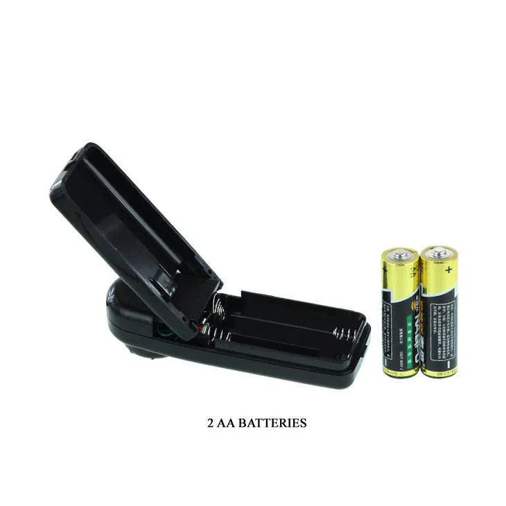Télécommande noire filaire pour gode vibrant avec emplacement pour 2 piles AA, design ergonomique et compact.