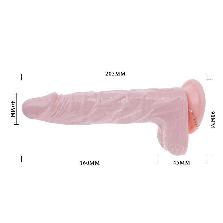 Gode réaliste rose veiné avec ventouse, 20cm, texturé TPR, télécommande filaire, vibrations multivitesse.