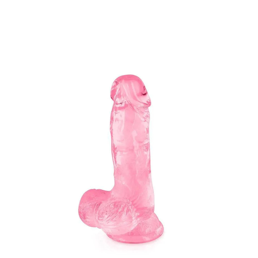 Gode réaliste rose translucide avec ventouse, texture douce, détails de veines saillantes, gland et testicules.