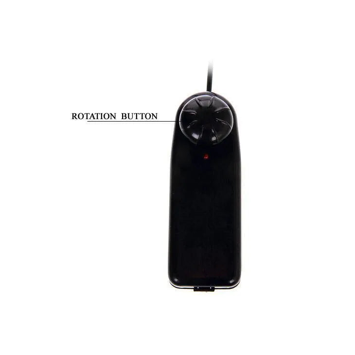Télécommande noire filaire pour gode rotatif incurvé, bouton de rotation visible, design ergonomique, stimulation point G.
