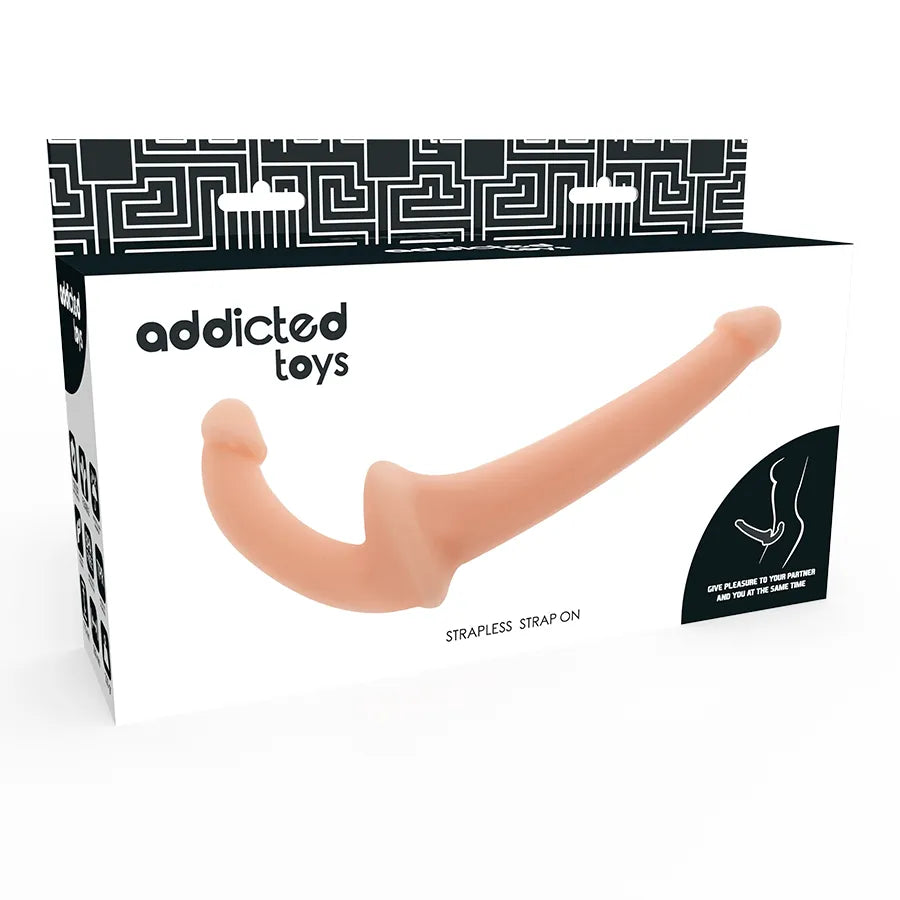 Gode sans harnais rose courbé en silicone, stimulation point G, sur fond blanc, emballage moderne noir et blanc.