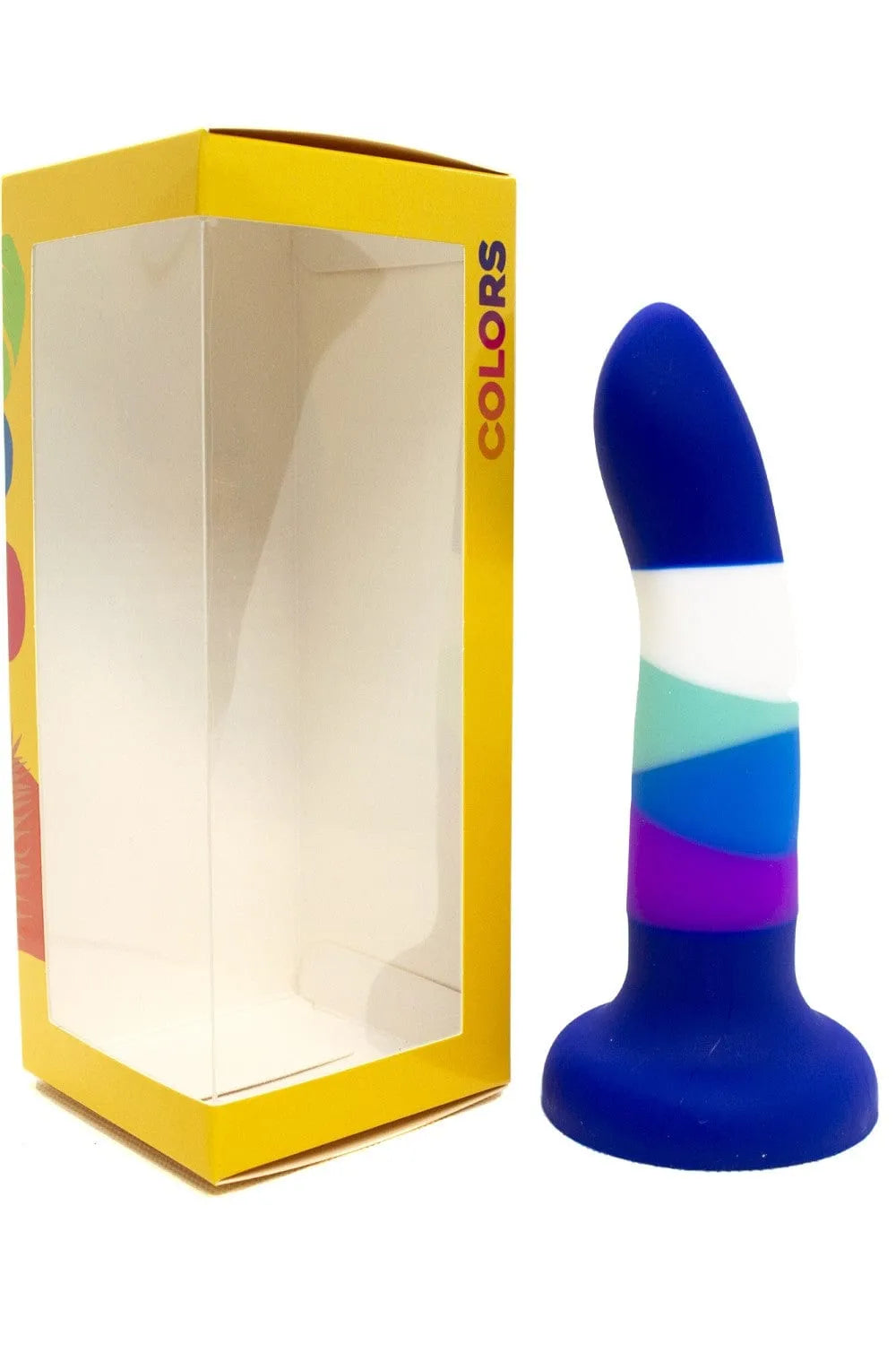 Gode silicone multicolore avec ventouse, design ergonomique, hypoallergénique, adapté harnais, boîte jaune à côté.