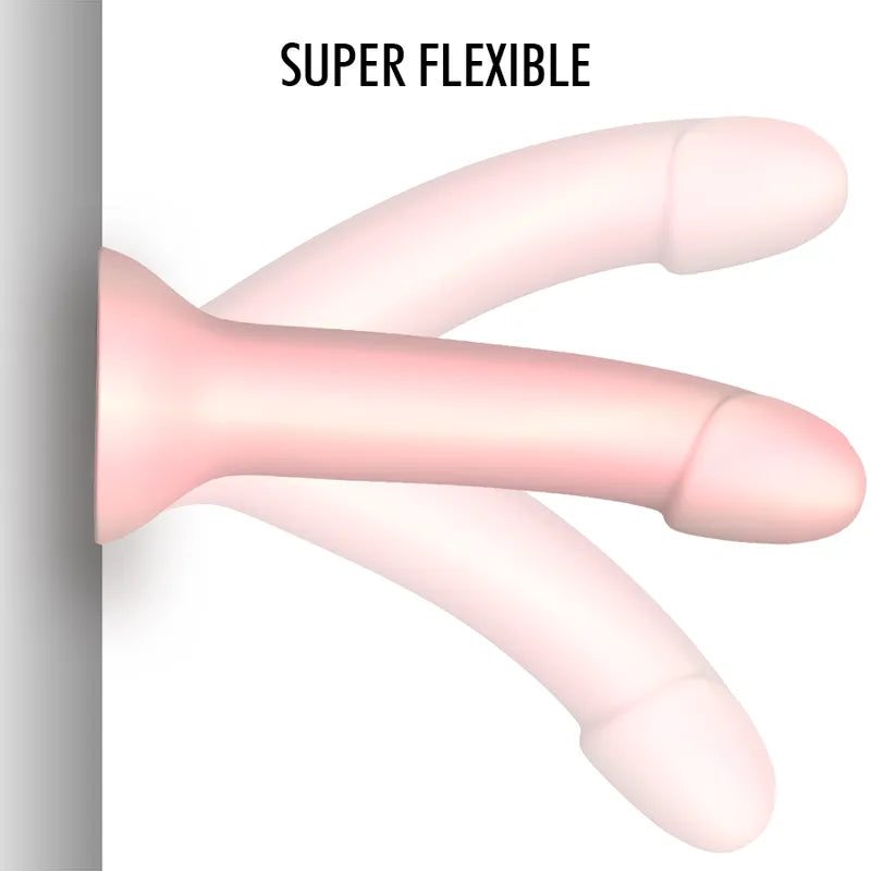 Gode silicone rose bonbon taille M, flexible, base à ventouse, sans vibration, design ergonomique, 14 cm, hypoallergénique.