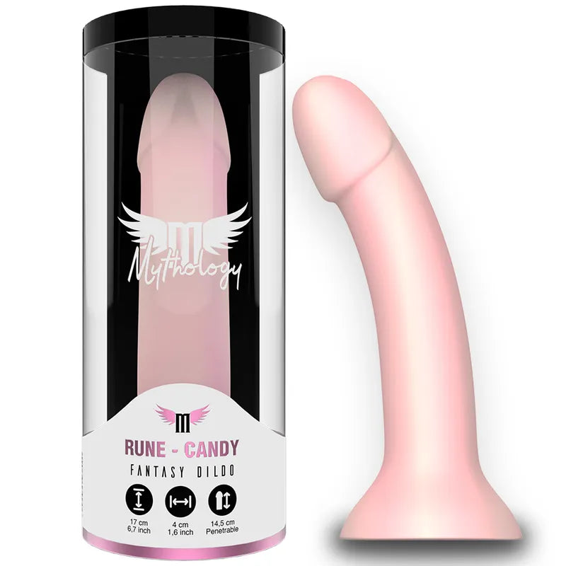 Gode silicone rose bonbon taille M, design ergonomique, base à ventouse, emballage Mythology, 14 cm de longueur.