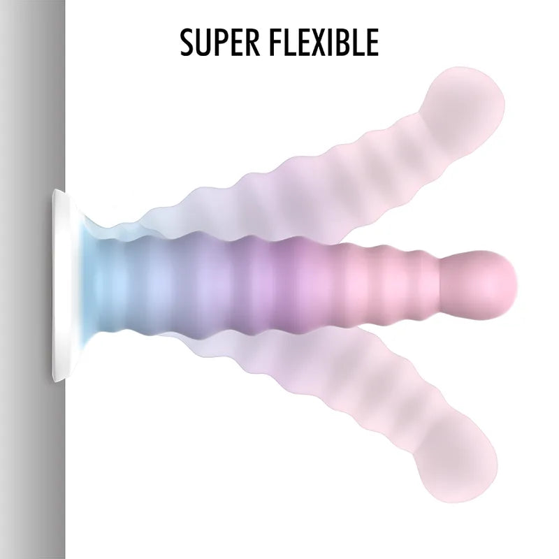 Gode silicone Nayade rose et bleu, flexible, base aspirante, compatible harnais, ergonomique, hypoallergénique.