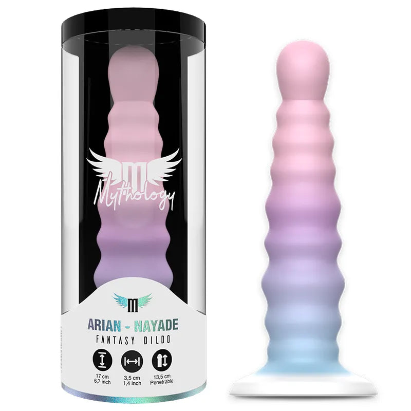 Gode silicone Nayade pastel avec base aspirante, flexible, ergonomique, hypoallergénique, compatible harnais Fantasy.