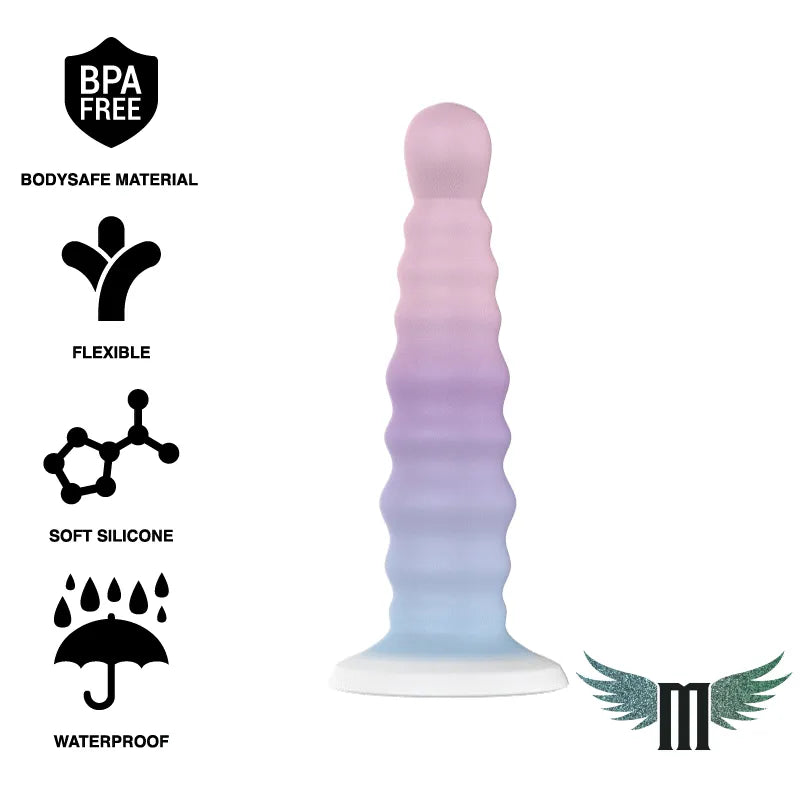 Gode silicone Nayade pastel, ergonomique, flexible, base aspirante, hypoallergénique, compatible harnais, lubrifiant offert.