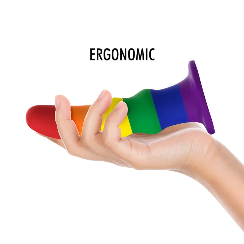 Gode silicone arc-en-ciel flexible, base ventouse, hypoallergénique, 11cm, diamètre 35mm, ergonomique, sans BPA.