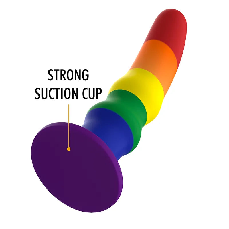 Gode silicone arc-en-ciel flexible, base ventouse puissante, 11cm, diamètre 35mm, hypoallergénique, sans BPA.