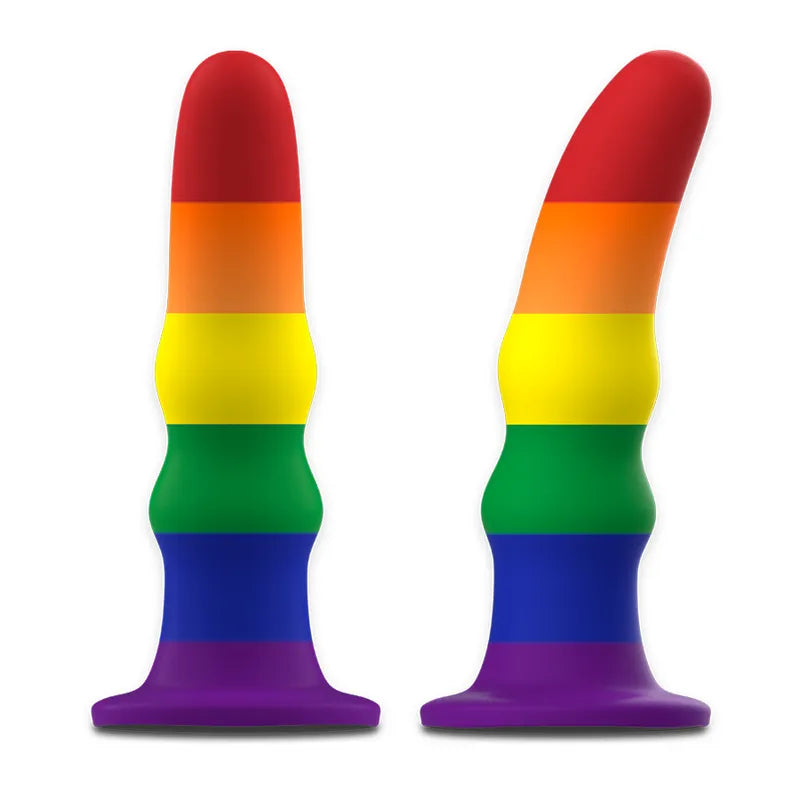 Gode silicone arc-en-ciel flexible, base ventouse, 11cm, diamètre 35mm, couleurs vibrantes, hypoallergénique, sans BPA.