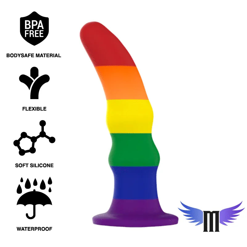 Gode silicone arc-en-ciel flexible, base ventouse, hypoallergénique, sans BPA, longueur 11cm, diamètre 35mm.