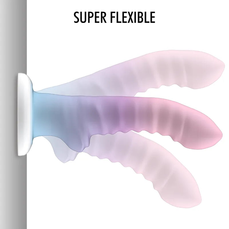 Gode silicone flexible rose et bleu, texture douce, ventouse blanche, 17cm x 3cm, hypoallergénique, sans BPA.