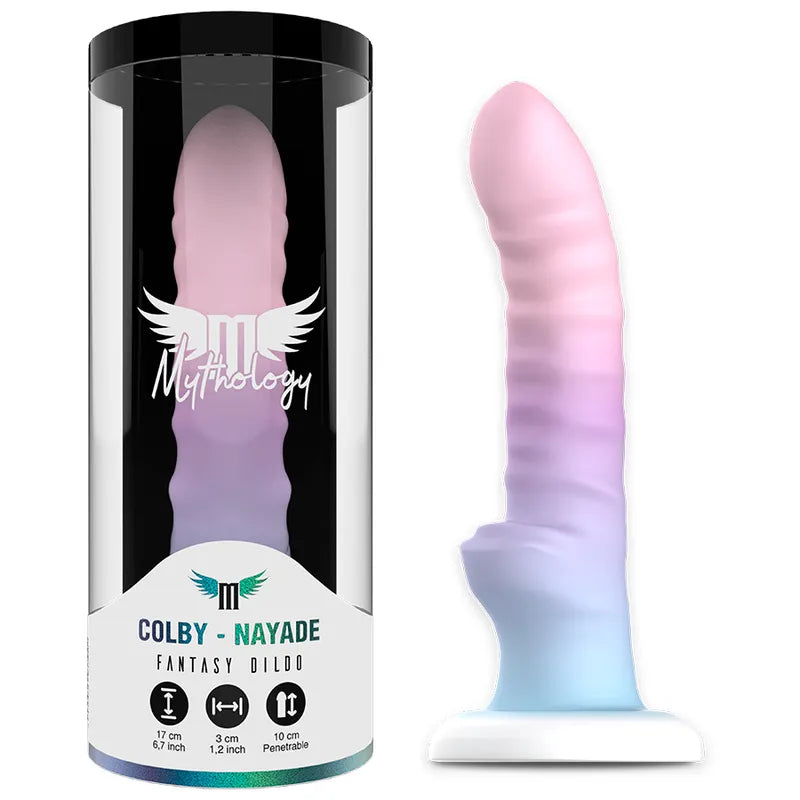 Gode silicone flexible Nayadé rose et bleu, 17cm, ventouse, texture douce, hypoallergénique, sans BPA, compatible harnais.