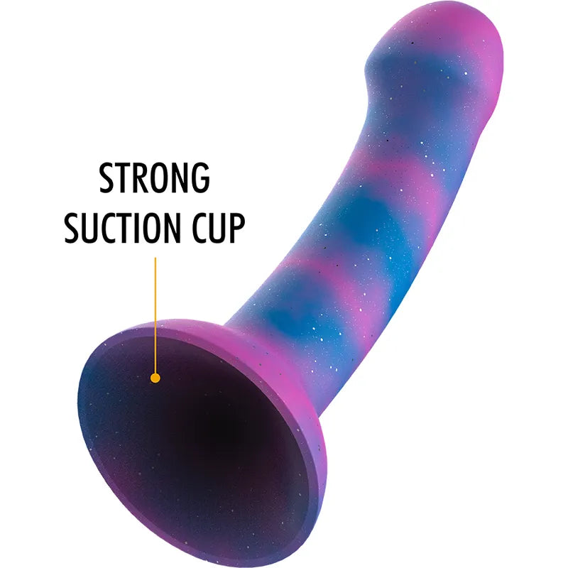 Gode silicone galactique violet-bleu courbé, ventouse puissante, stimulation point G, design ergonomique et esthétique.
