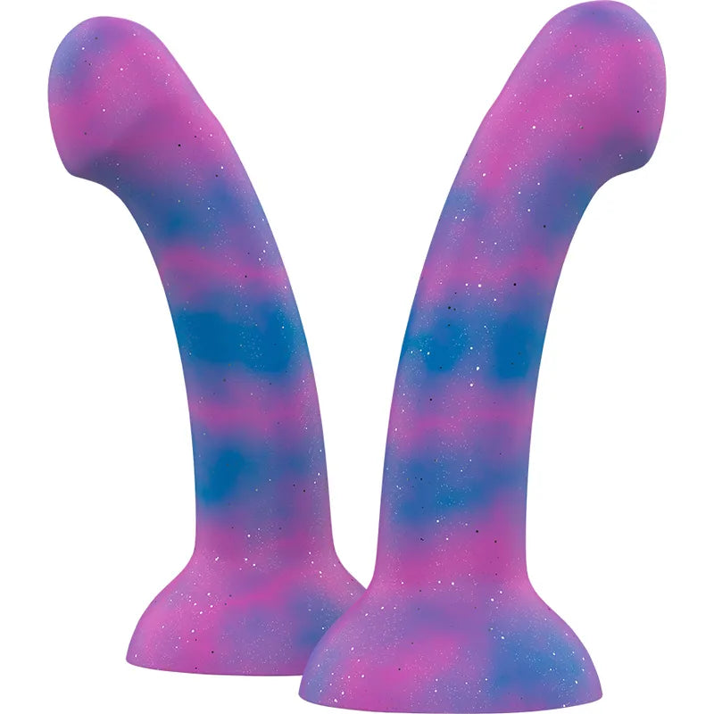 Gode silicone galactique rose et bleu, courbure ergonomique, finition captivante, stimulation point G, ventouse intégrée.