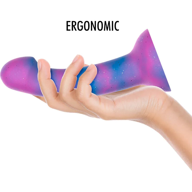 Gode silicone galactique violet-rose, courbé ergonomiquement, ventouse, stimulation point G, hypoallergénique.