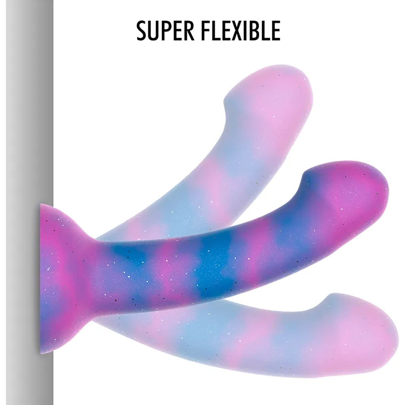 Gode silicone galactique rose et bleu, courbé pour stimulation point G, ventouse, finition douce et hypoallergénique.
