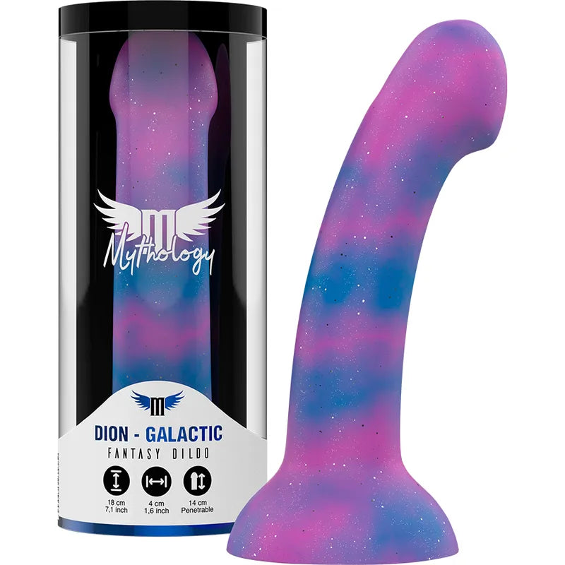 Gode silicone galactique rose et bleu, courbure ergonomique pour stimulation point G, finition esthétique et ventouse.