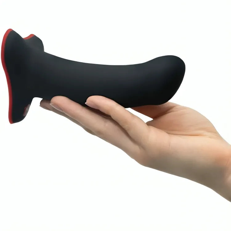 Gode silicone noir incurvé avec ventouse rouge, ergonomique, hypoallergénique, idéal débutants, stimulation point G/prostate.